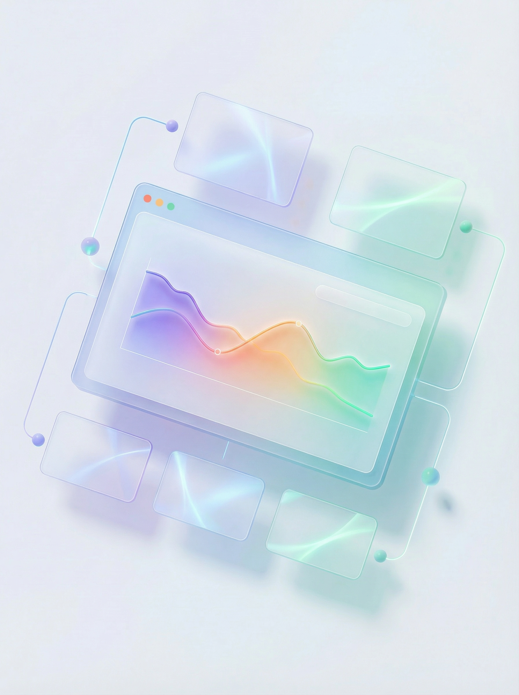 Futuristic digital interface with colorful line graphs and floating window elements.