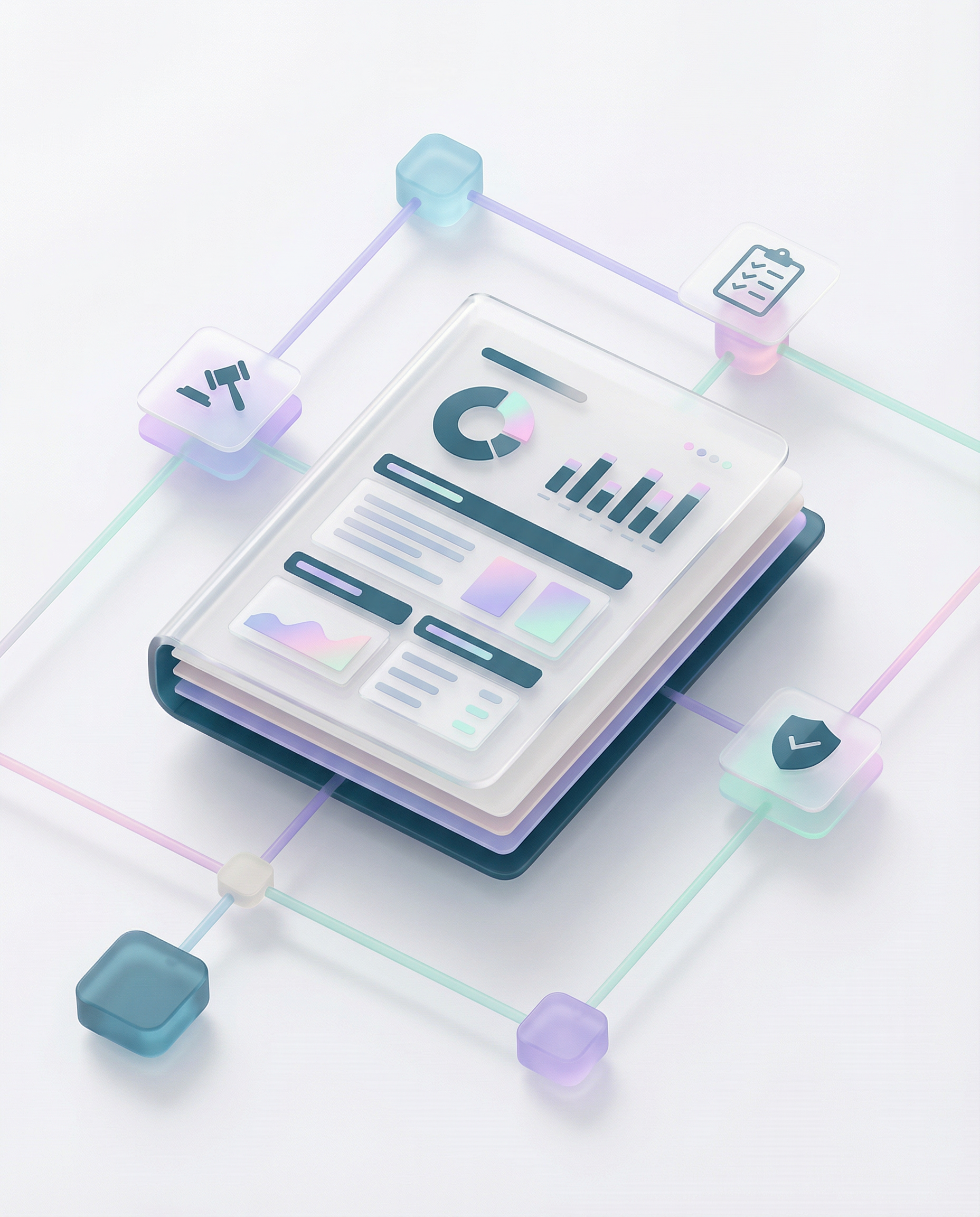 Digital illustration of a transparent tablet displaying various graphs and charts, with interconnected icons representing data analysis, security, and settings surrounding it on a white background.