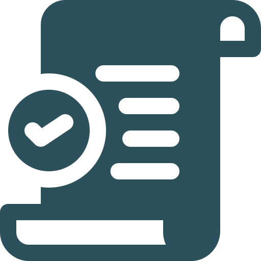 Icon of a checklist or document with a checkmark inside a circle, representing verification or approval.