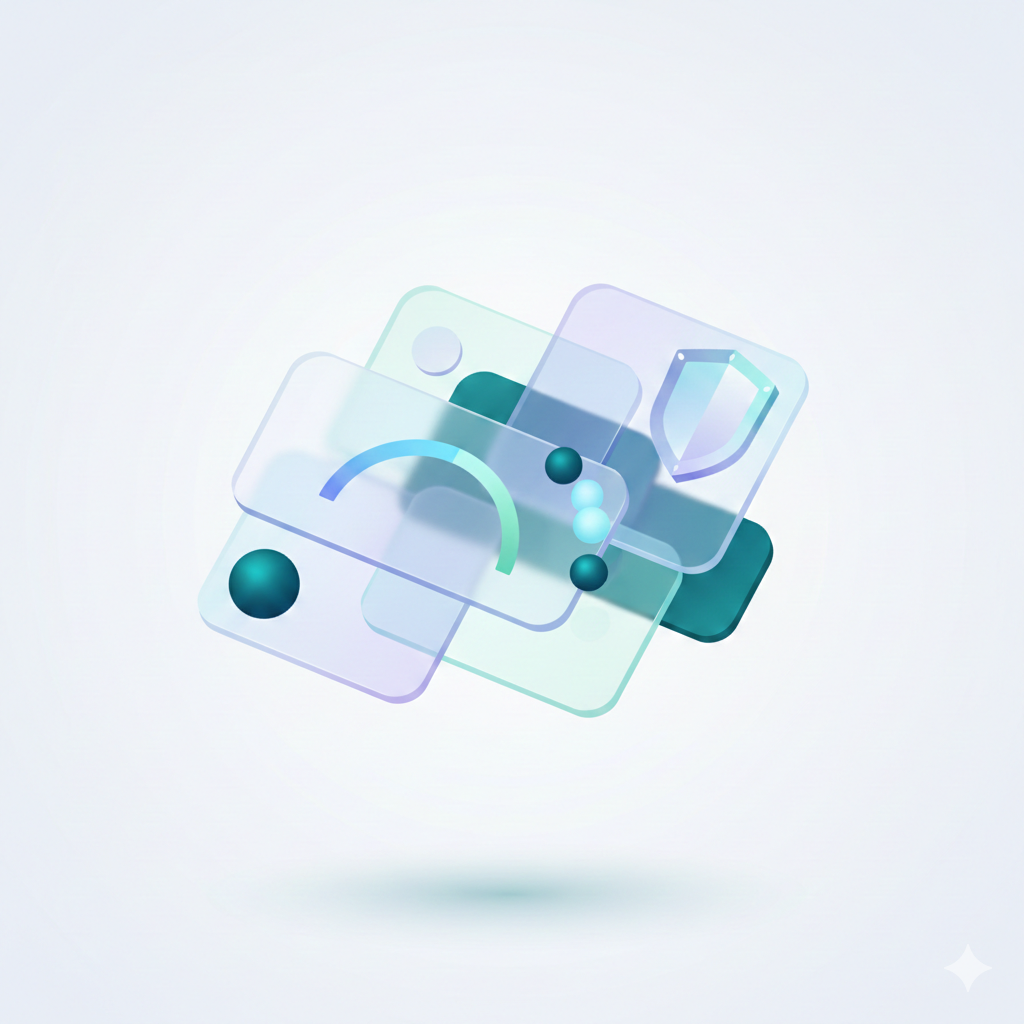 Abstract digital illustration featuring semi-transparent overlapping screens with icons of a shield, a gauge, a circle, and a line of dots, floating above a light background.