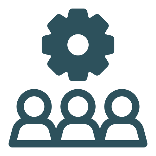 Icon of three people with a gear above them, symbolizing teamwork or management.