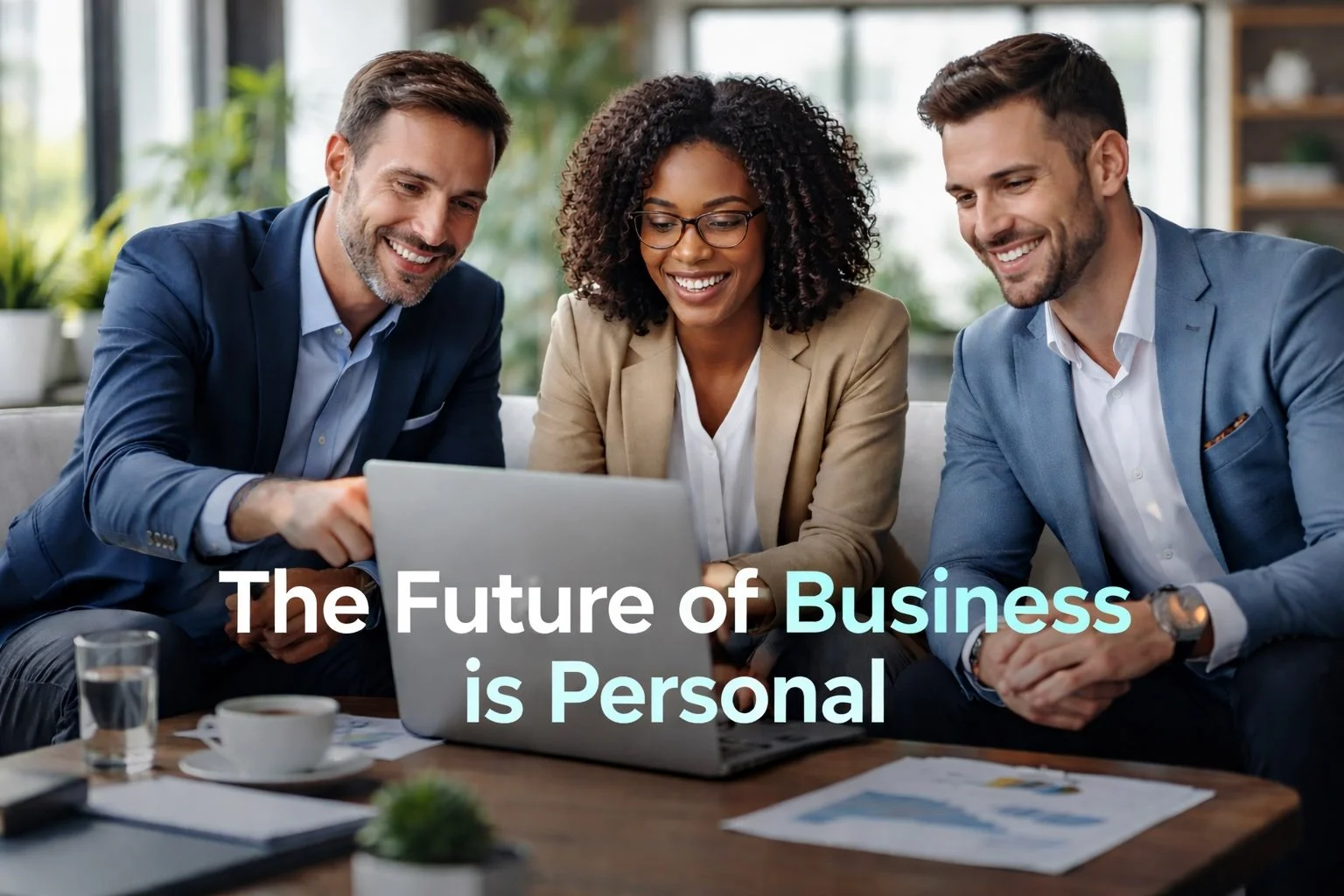 Three business professionals looking at a laptop and smiling during a meeting in a modern office.