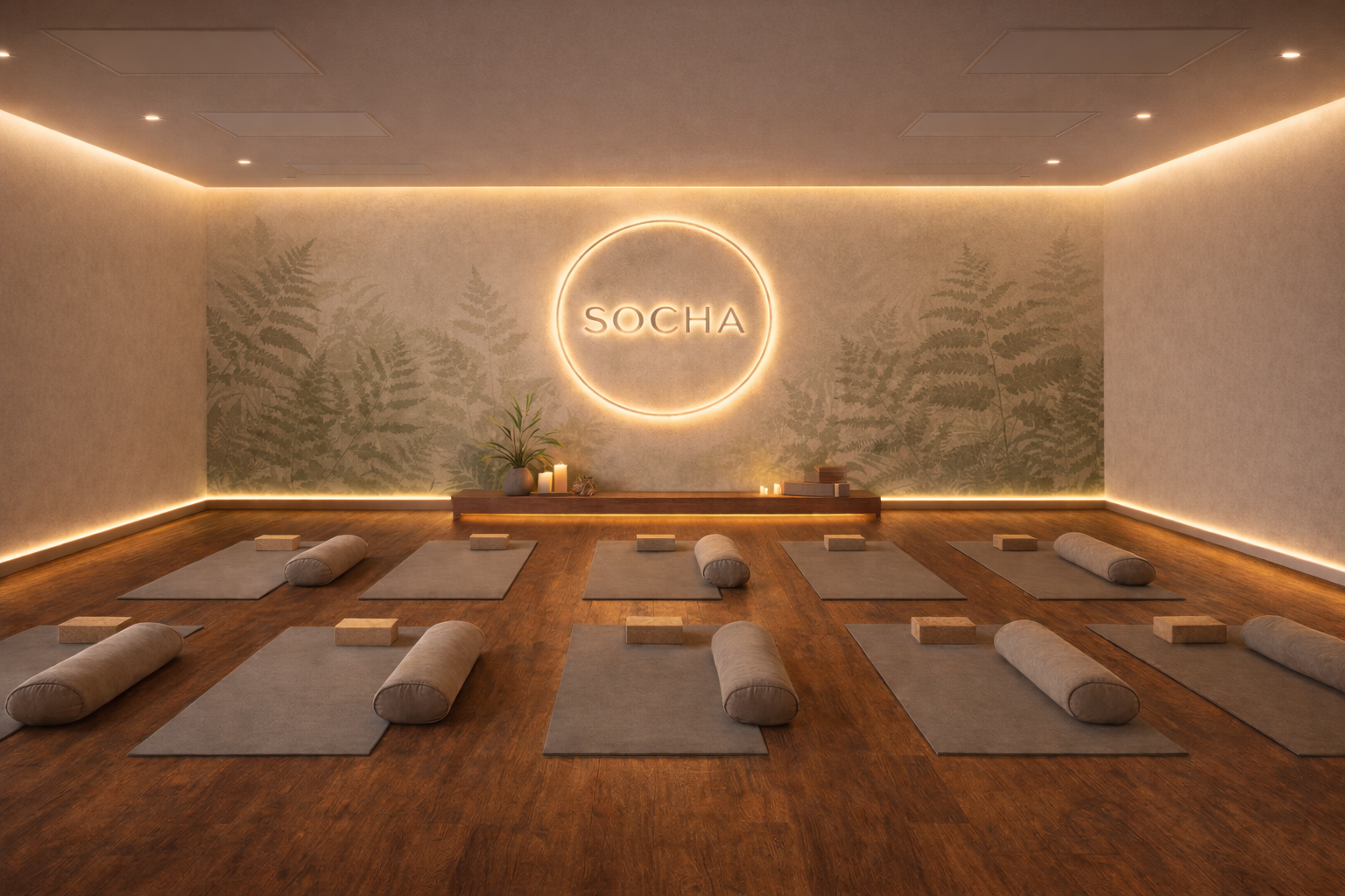 Socha yoga studio at The Atrium Club on Bainbridge Island with soft lighting and minimalist design for mindful movement