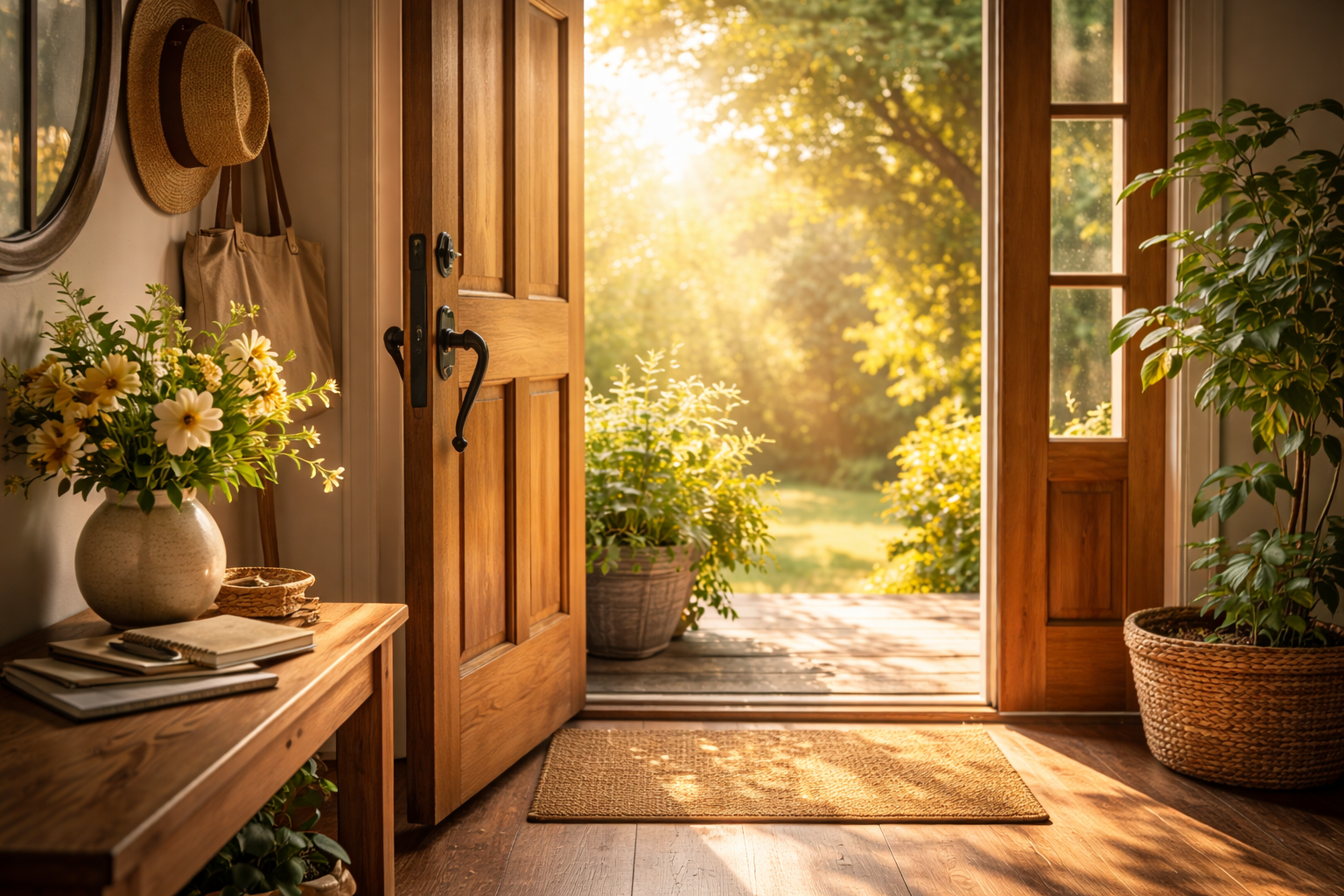 Open wooden front door leading outside to a sunny garden with green foliage and trees, sunlight filtering through, potted plants inside near the door, a side table with a large flower arrangement, and a woven floor mat.
