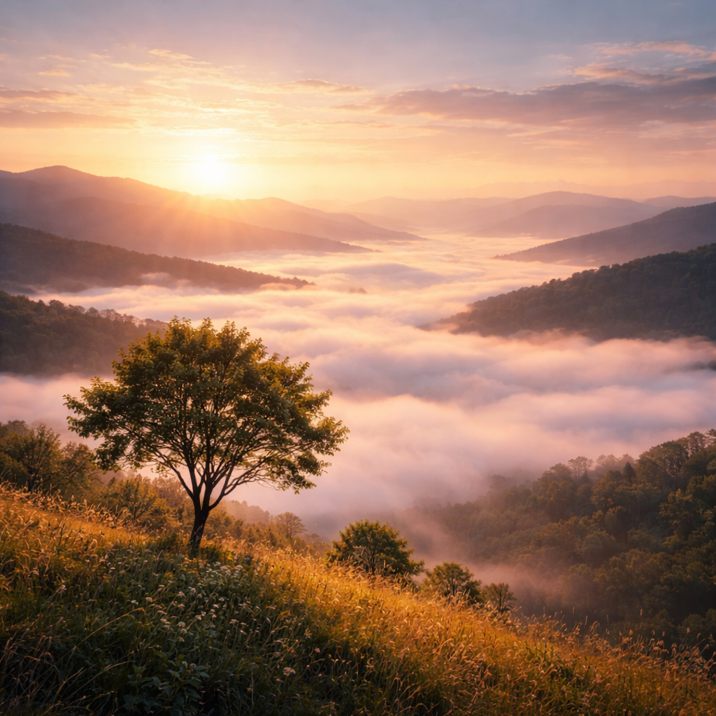 A sunrise over a mountain landscape with a lone tree in the foreground, fog filling the valleys, and the sky painted in soft pastel colors.