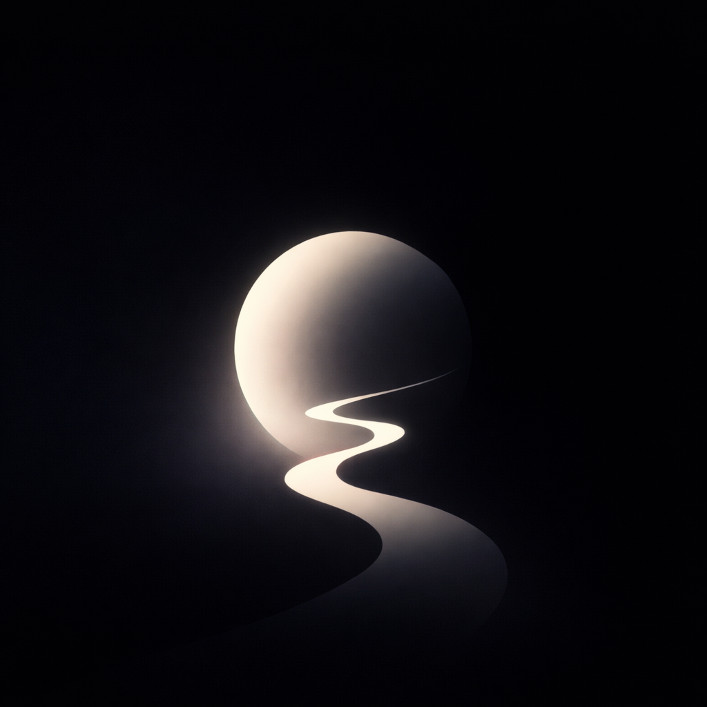 Abstract image of a large white circle resembling the moon, with a winding river reflecting its shape, set against a dark background.