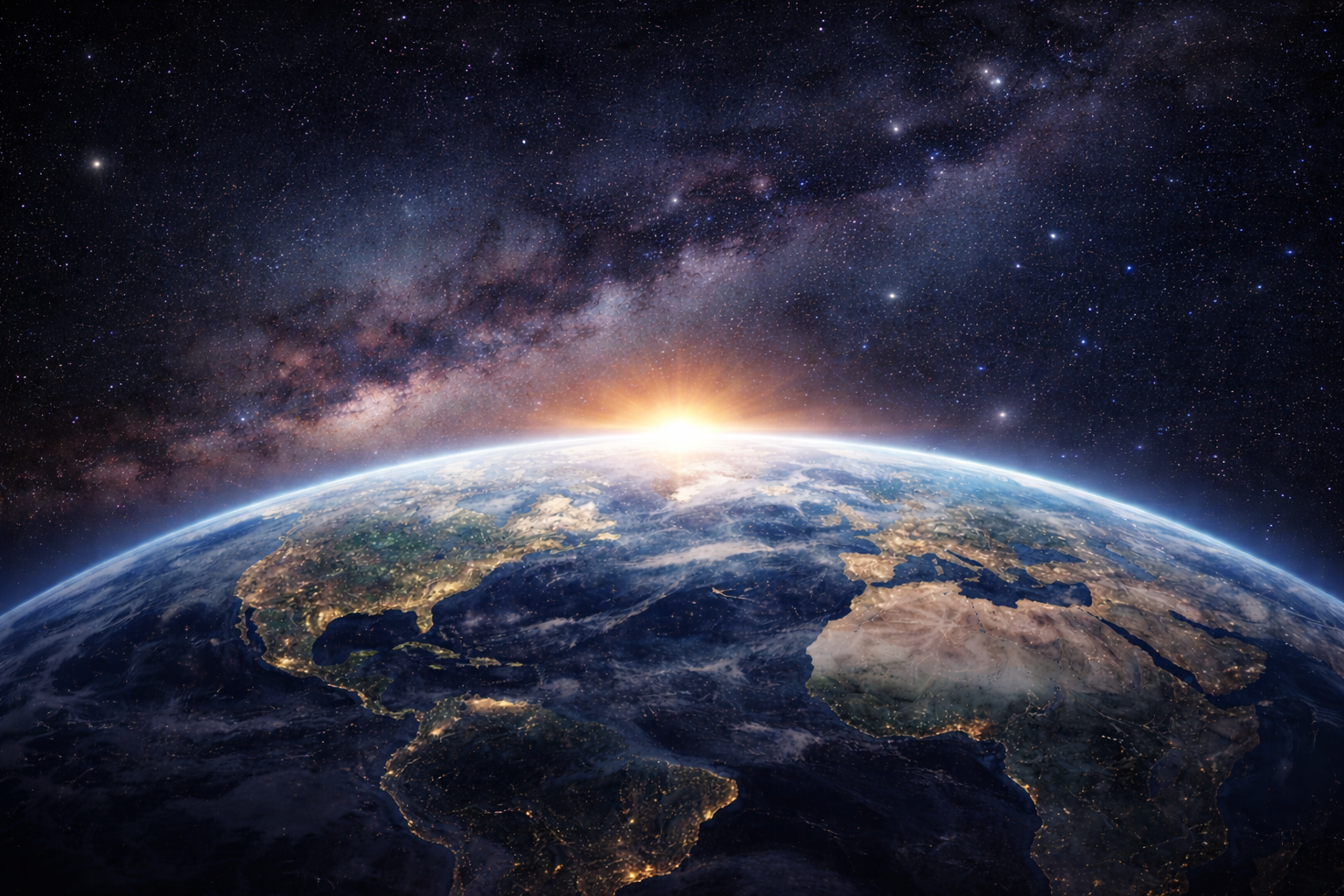 Earth viewed from space with the sunrise at the horizon, stars, and the Milky Way galaxy visible in the background.