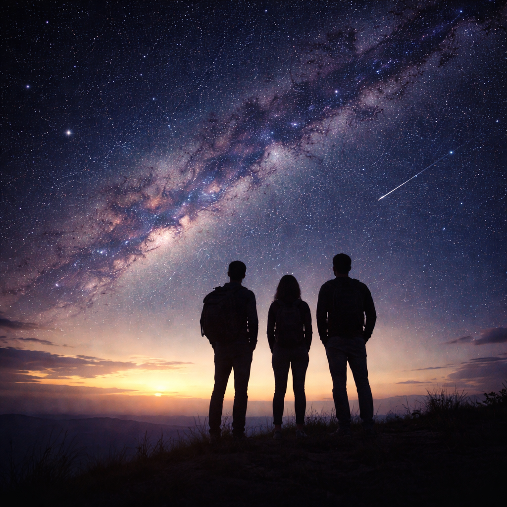 Three people with backpacks standing on a hilltop watching the night sky filled with stars and the Milky Way, with a shooting star visible to the right.