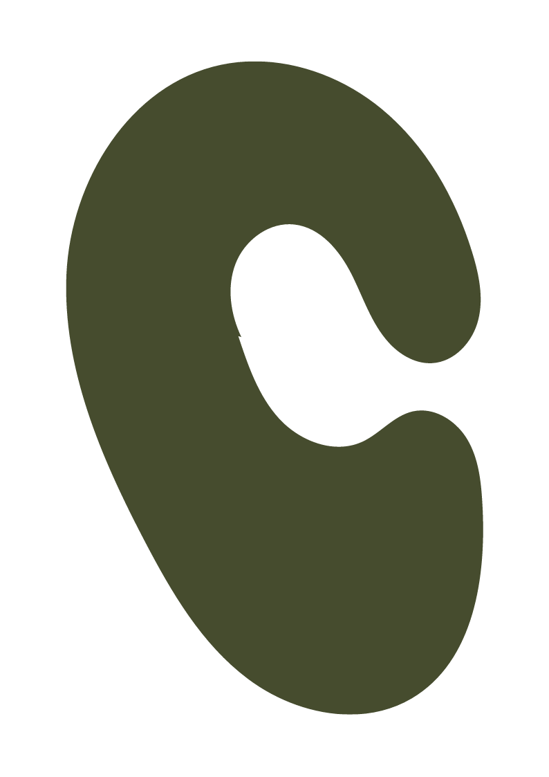 A large, dark green, stylized letter 'C' on a black background.