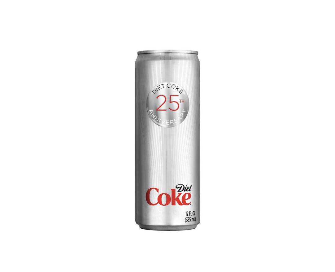 A silver can of Diet Coke with a commemorative label for its 25th anniversary.