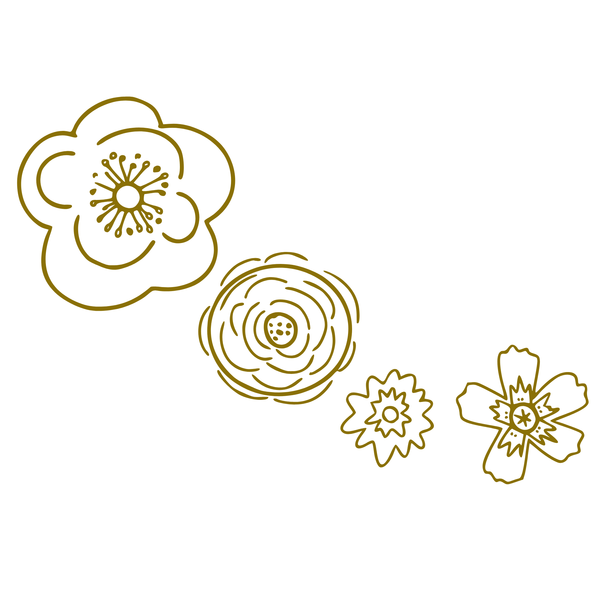 Black background with gold line art illustration of various flowers and leaves.