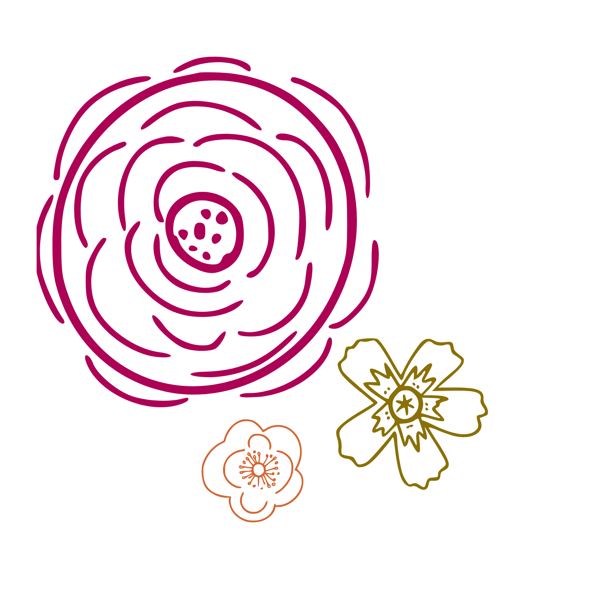 Colorful Christmas-themed line drawing with a large pink rose at the top and ornaments, holly, and mistletoe around it.