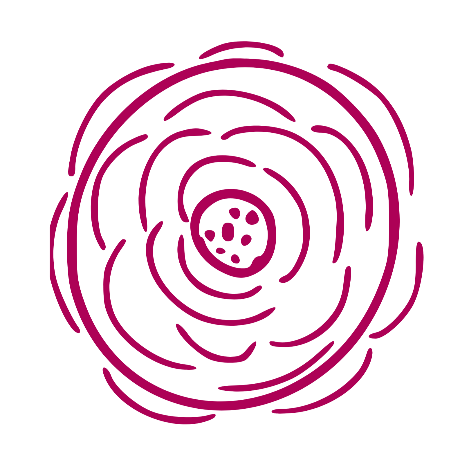 A line drawing of a flower graphic in magenta on a black background.
