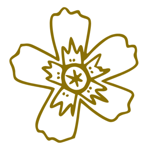 A stylized, gold-colored line drawing of a flower with a circular center and five petals on a black background.