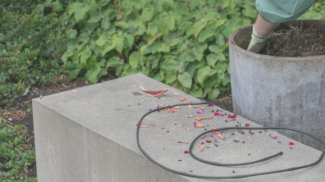 Close-up of a concrete surface with scattered flower petals, drip irrigation line, and a large concrete planter with a person planting up a container with green foliage in the background. Container Drip Irrigation Made Simple.