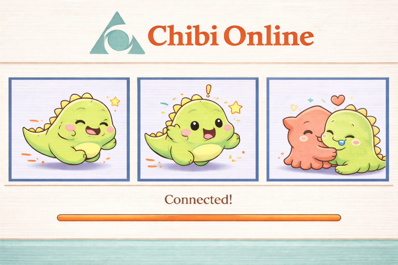 Three cartoon dinosaur characters: one laughing, one surprised, and one being hugged by a pink creature, with the text 'Connected!' and the logo 'Chibi Online' at the top.