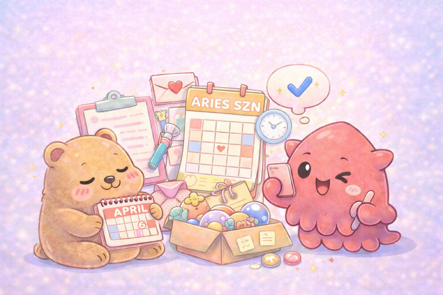 Cute animated bears holding a calendar and phone, surrounded by stationery, colorful balls, and signs, with a dreamy pink background.