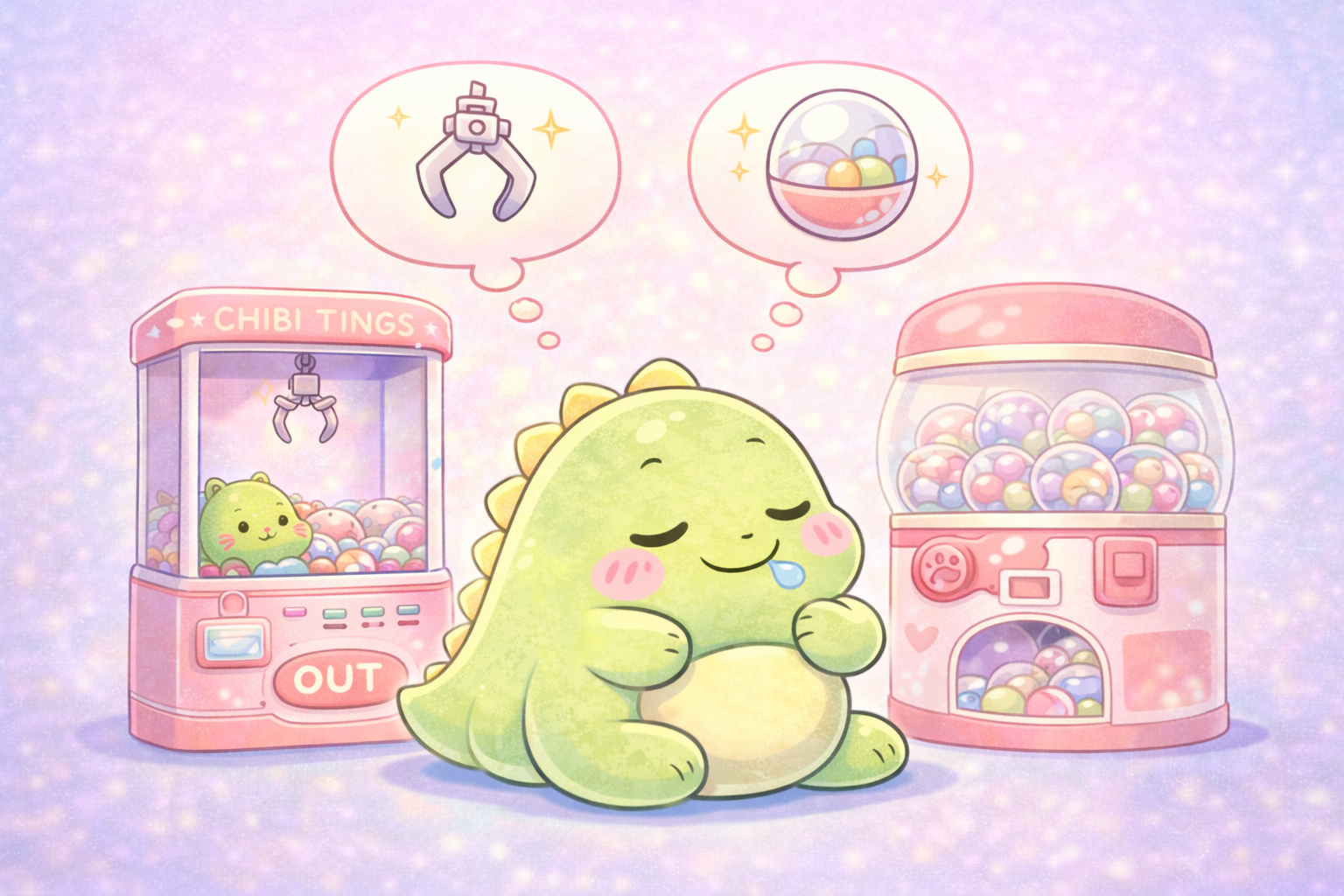 Cute green dinosaur sitting with eyes closed and tongue out, surrounded by pastel-colored gumball machines filled with colorful gumballs, in a soft pink and purple background.
