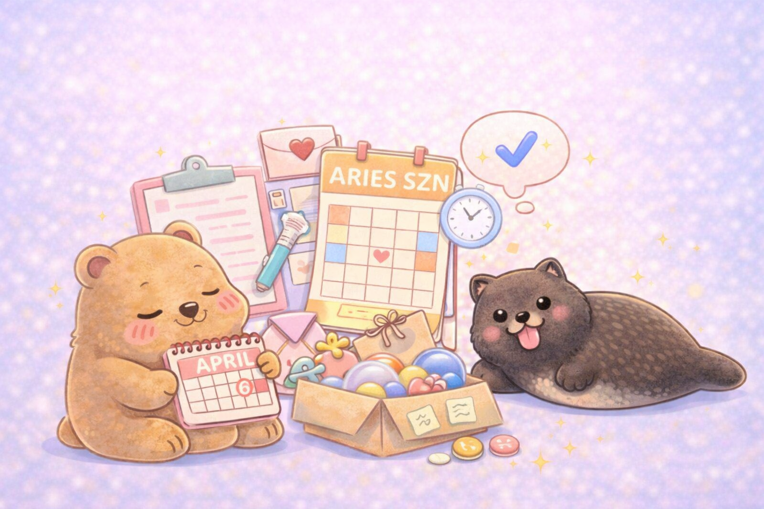 Cute illustration of two plush animals, a bear holding a calendar marked April 6 and a smiling otter, surrounded by office supplies, a calendar labeled Aries SZN, a clock, a checklist, colorful balls, and a speech bubble with a checkmark.