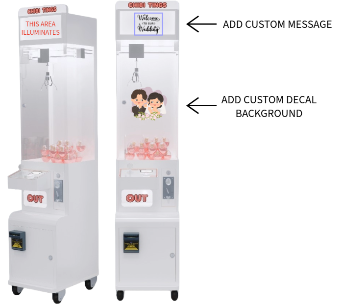 Two arcade claw machines labeled 'Chibi Tings'. The left machine has an illuminated area with a red sign saying 'THIS AREA ILLUMINATES'. The right machine has a custom wedding message and a custom decal background with a drawing of a bride and groom. Both machines contain pink items inside and have an 'OUT' tile at the bottom.