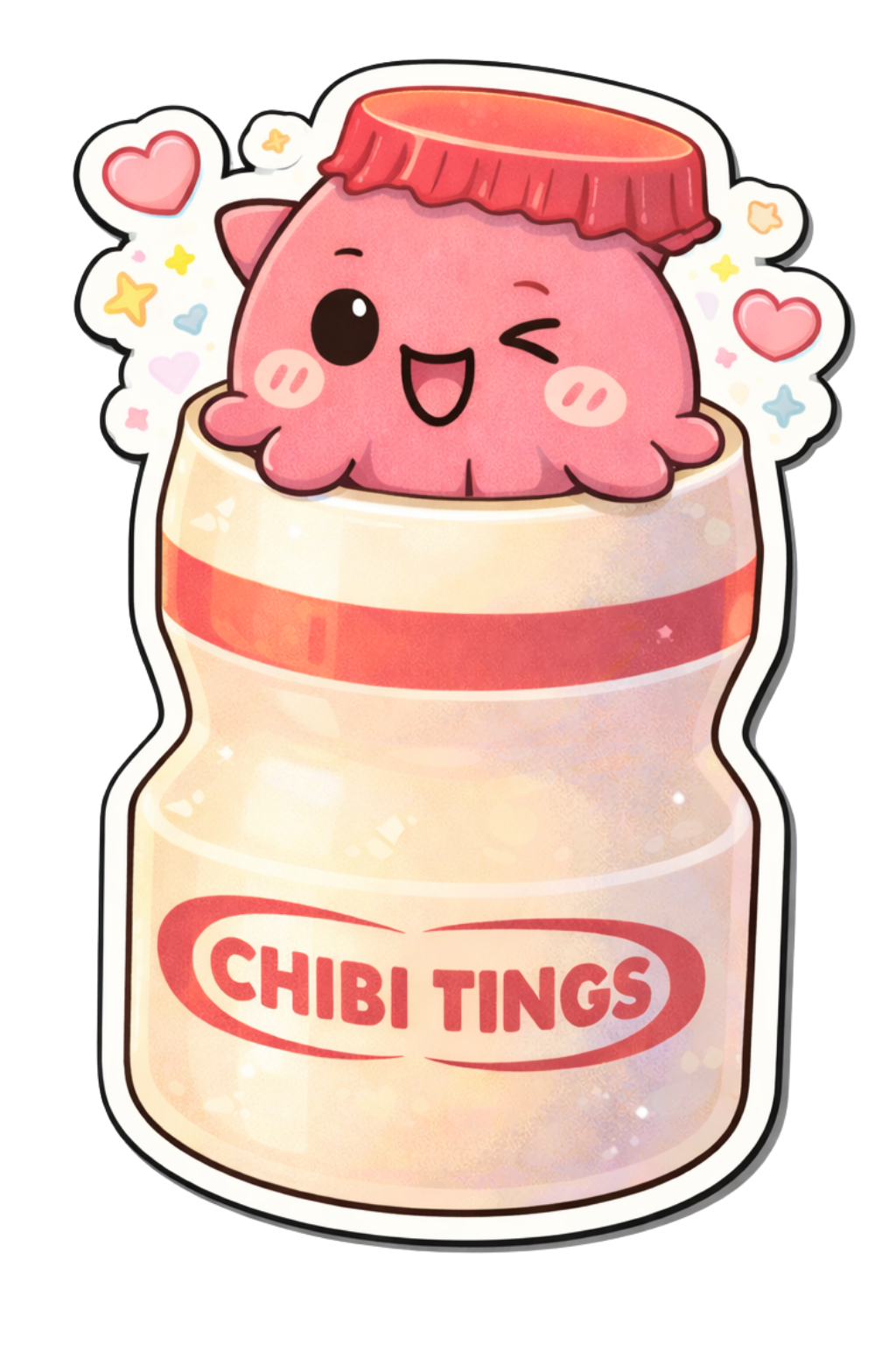 A cute, pink, cartoon octopus with a happy face, winking, wearing a red hat, sitting on top of a small container labeled 'Chibi Tings', with hearts and stars around it.