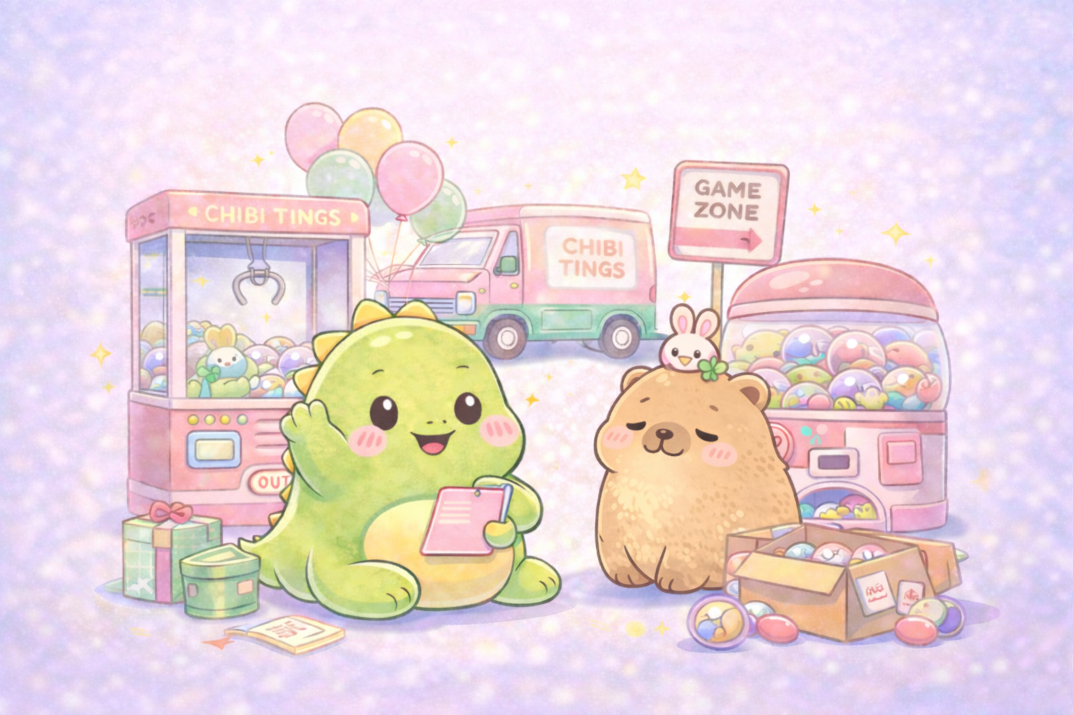 Cute cartoon characters at an arcade with claw machine and snack vending machines, surrounded by balloons and gifts, with signs reading 'Chibi Tings' and 'Game Zone'.