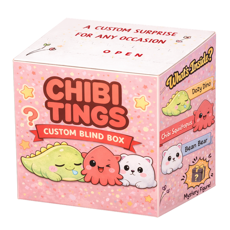 Pink box with cartoon characters including a green creature Dozy Dino, a red Chibi Squidtopus, and a white Bean Bear, labeled Chibi Tings Custom Blind Box, with colorful stars and question marks.