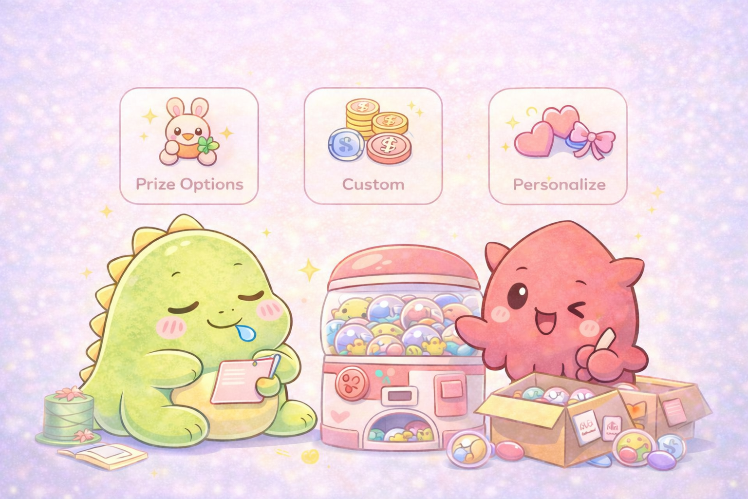 Cute animated dinosaurs and a plush bear with a box of colorful capsule toys and a gumball machine, with a pastel background and menu options for prize options, custom, and personalize.