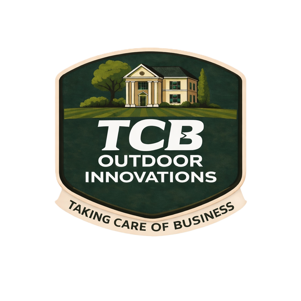 Logo for TCB Outdoor Innovations featuring a house with trees and the slogan 'Taking Care of Business'.