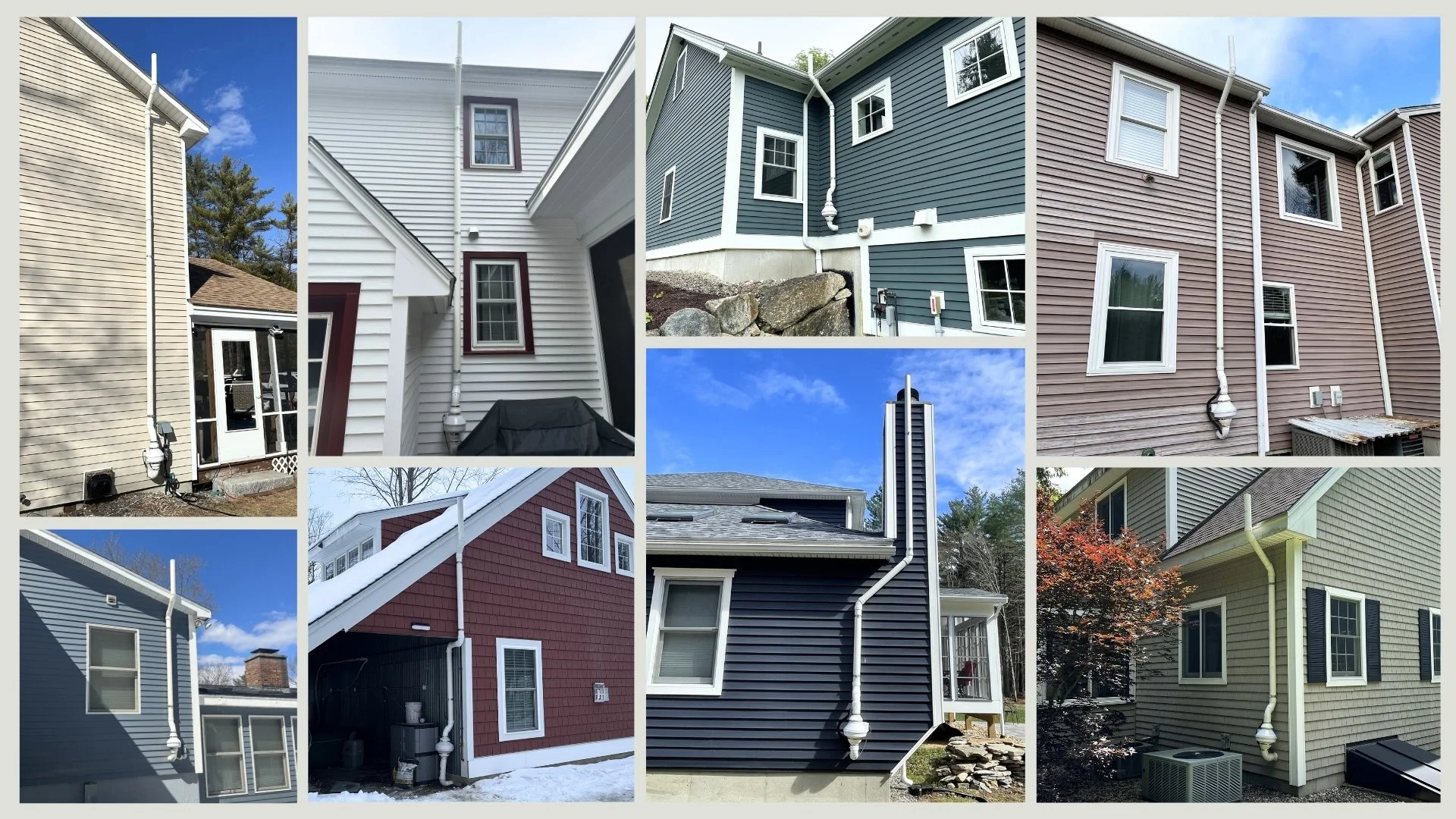 A collage of 8 different homes with radon systems installed on the exterior. The radon system consists of a white fan and pvc pipe that extends up above the roofline for safe radon gas ventilation.