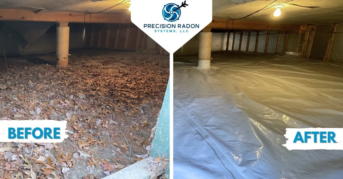 Before and after comparison of a crawl space; the left side shows a crawl space filled with dry leaves and debris, while the right side shows the same crawl space cleaned and covered with a plastic vapor barrier.