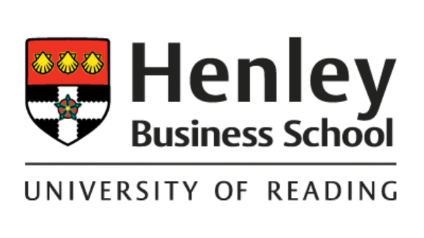 Logo of Henley Business School at the University of Reading, featuring a shield with three yellow shells on red, a black and white checkered pattern with a red and blue floral center, alongside the text 'Henley Business School' and 'University of Reading'.