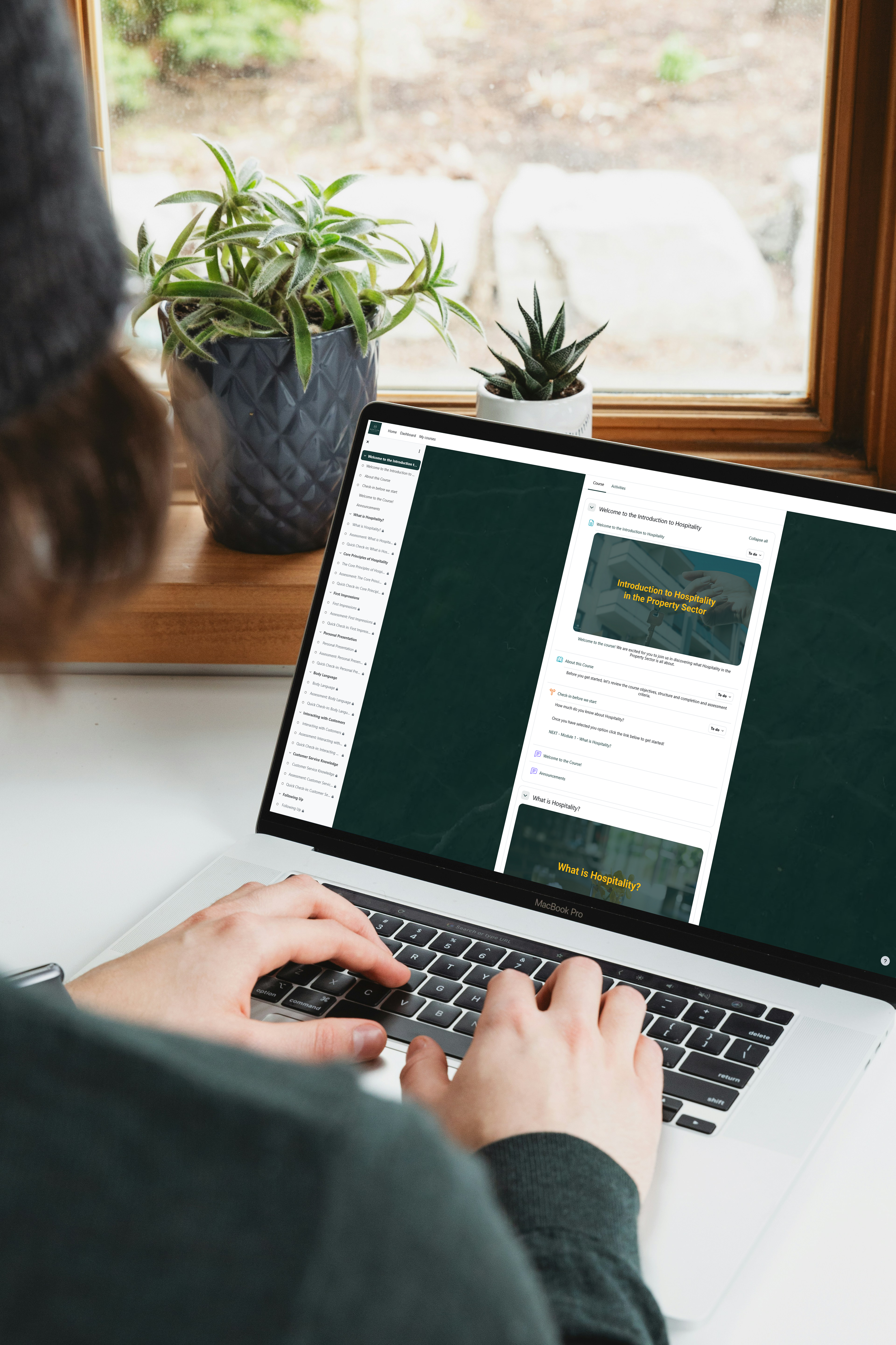 A person working on a MacBook Pro at a desk, viewing an online course about hospitality, with potted succulents on the windowsill.