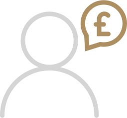 Outline of a person with a speech bubble containing a British pound symbol
