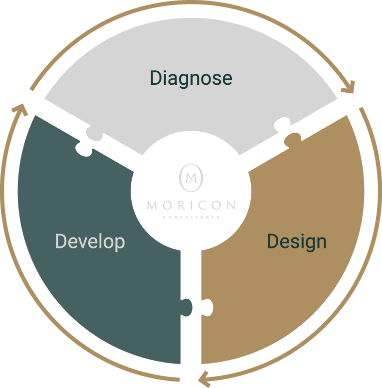Circular diagram showing a three-step process with sections labeled 'Diagnose,' 'Design,' and 'Develop,' surrounding a central logo for Moricon Consultants.