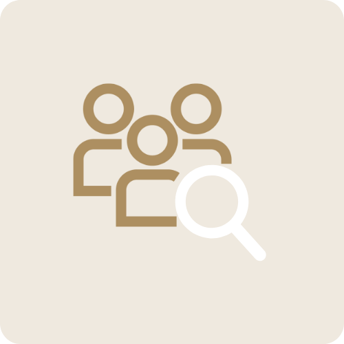 A magnifying glass icon over a group of three people icons on a brown background.