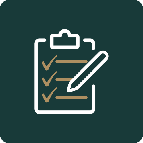 Icon of a clipboard with a checklist and a pen.