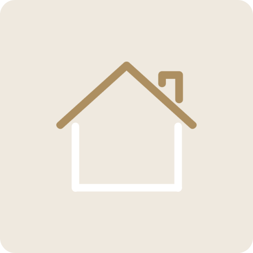 Icon of a house with a roof, chimney, and a square base, on a tan background.
