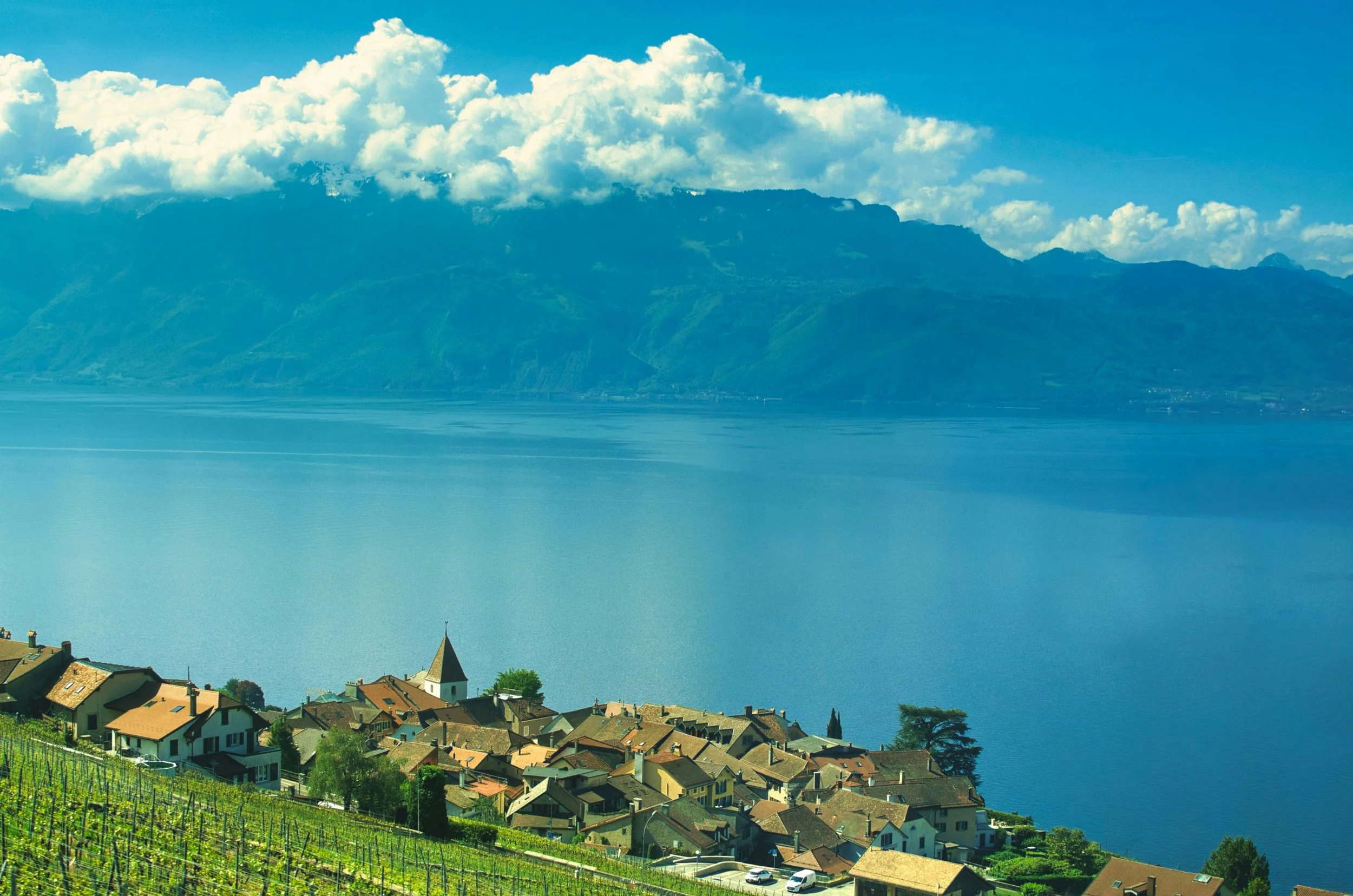 A lakeside village with colorful houses and a church steeple, green vineyards on a hillside, a large lake, mountains in the background, and a blue sky with scattered clouds.