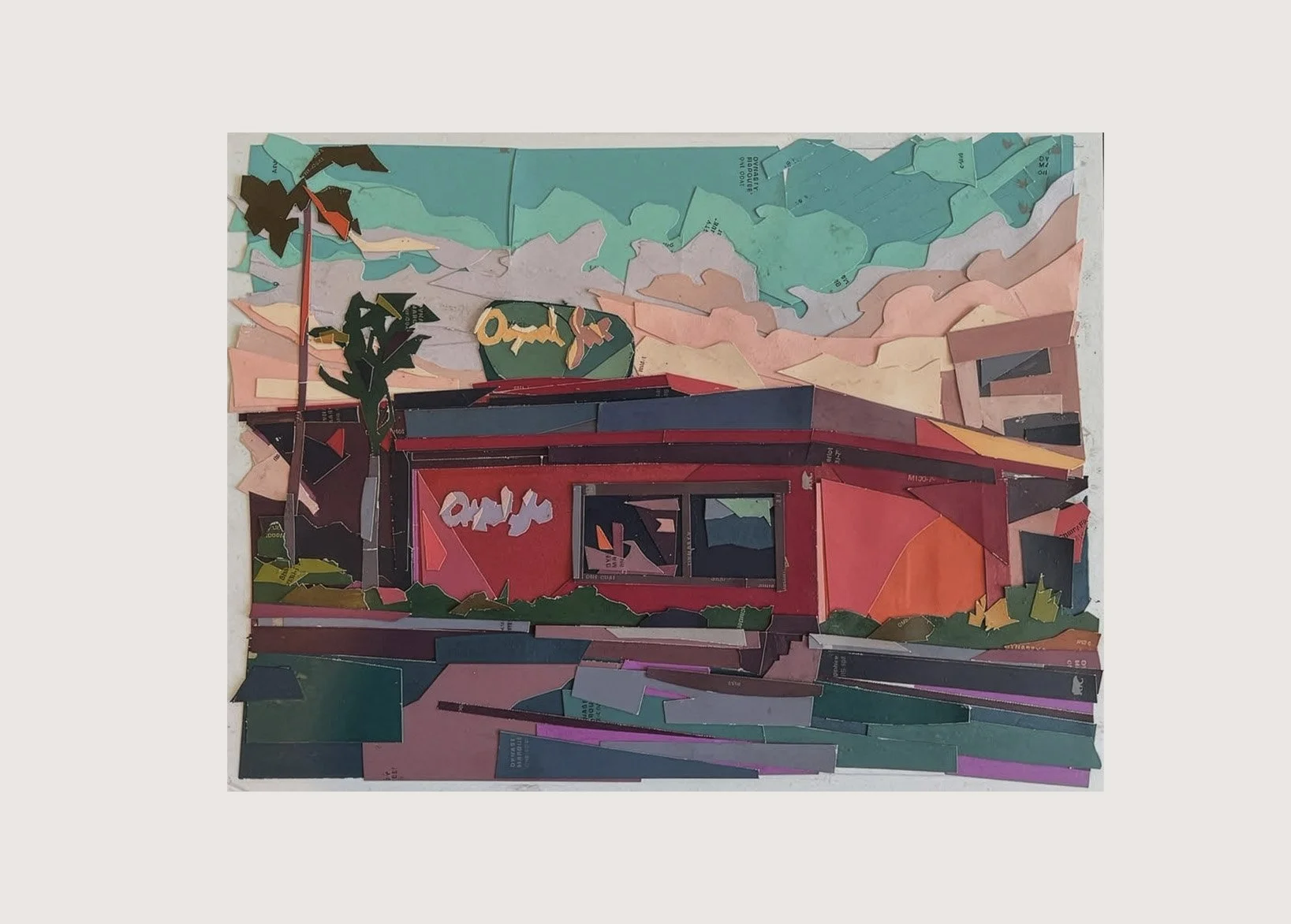 Joes of Westlake, 14"x 17" (framed), Paint chip collage, 2025