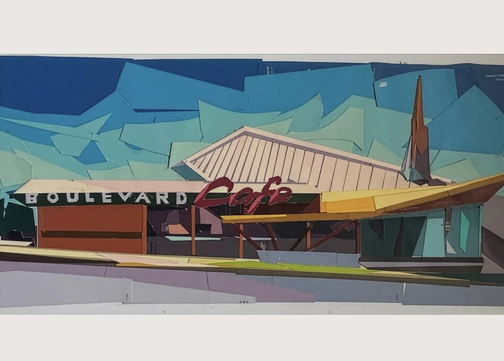 Boulevard Cafe, 10"x14", 
Paint chip collage, 
2025  (Sold)