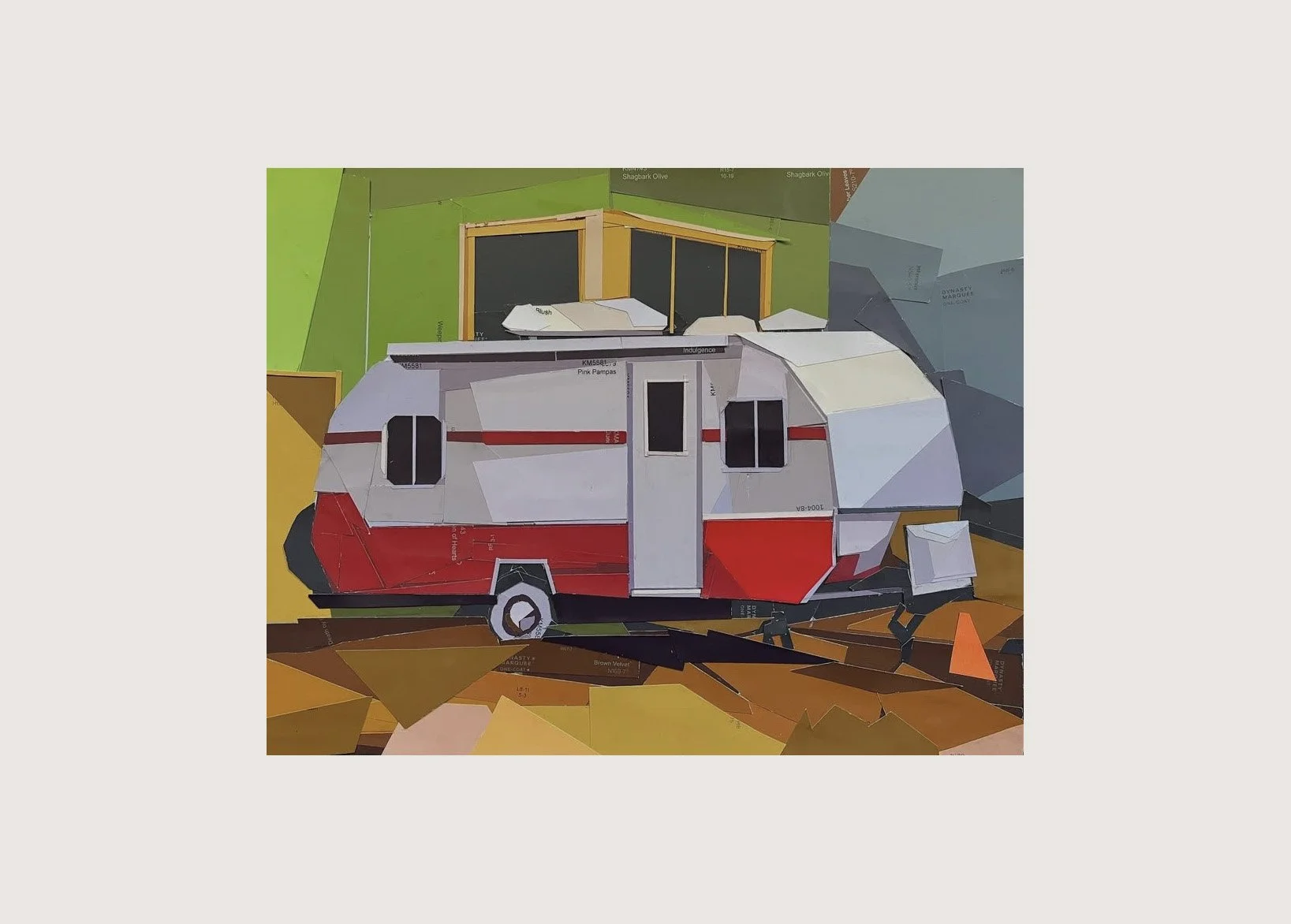 Little Red Camper, 12"x14", Paint chip collage, 2025 (Sold)
