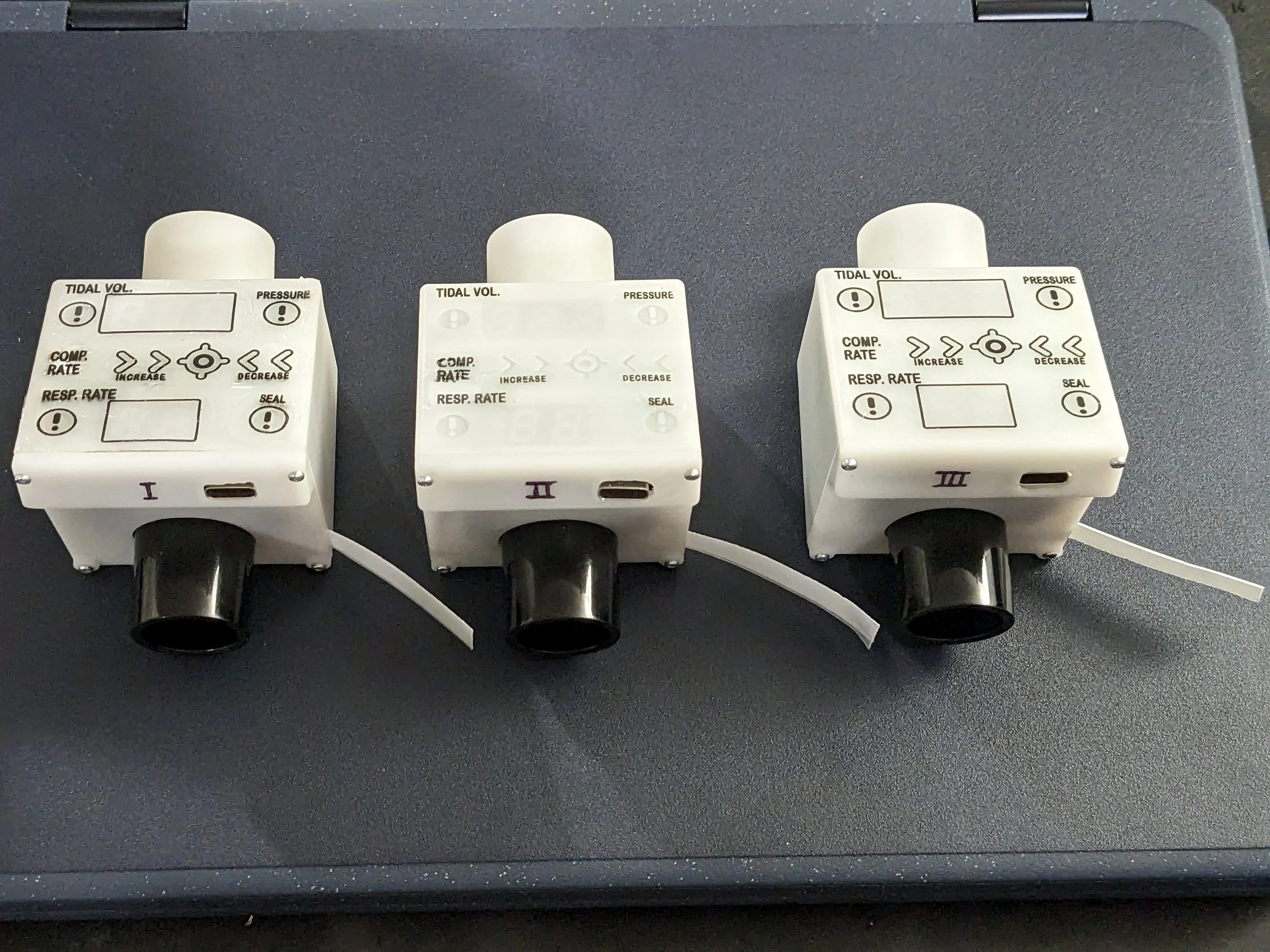 Version 3, prototypes 1, 2, and 3
(Unit 2 was an experiment with 3d printed shells with embossed text / alert features.)