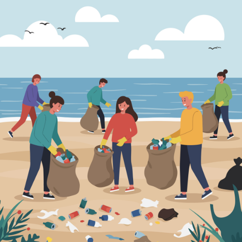 Group of people collecting trash and litter from the beach, with bags of collected debris in an illustration