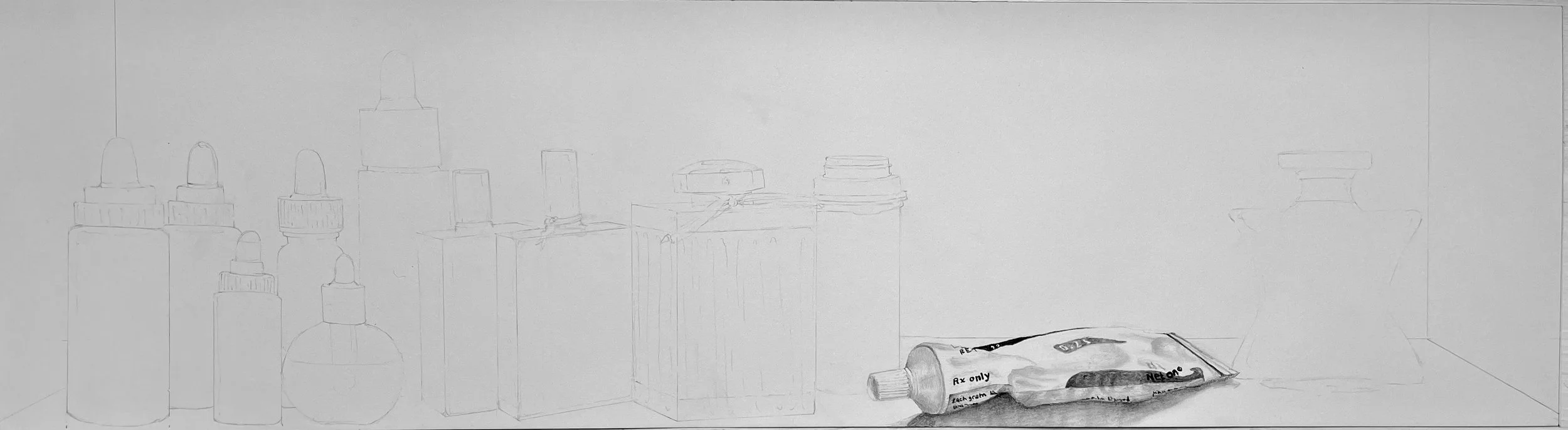 Sketch of medication bottles and a crumpled medicine tube on a table.