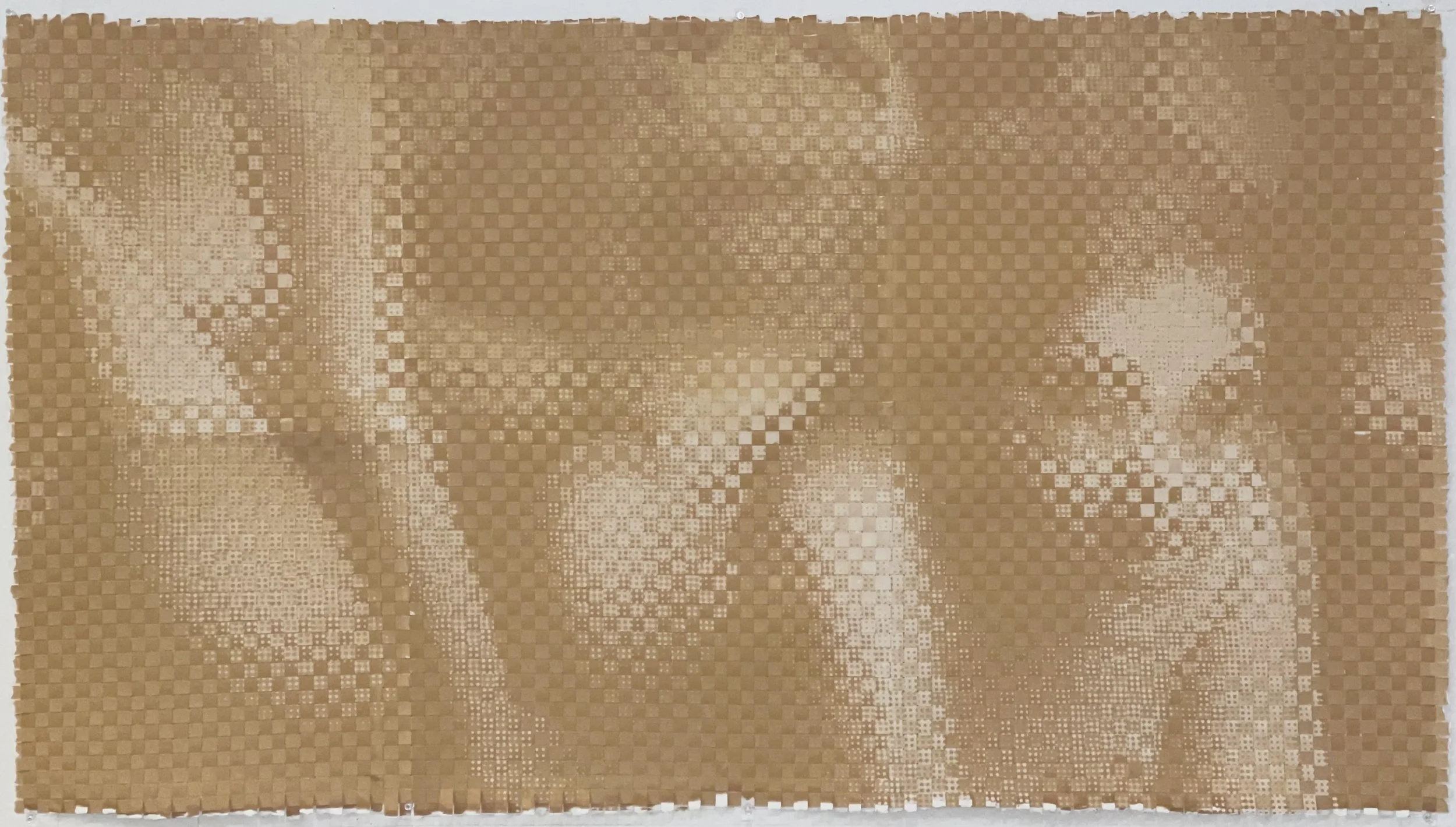 Pixelated image of a woman with long hair, wearing a tank top, sitting on the ground with her knees up, in a relaxed pose.