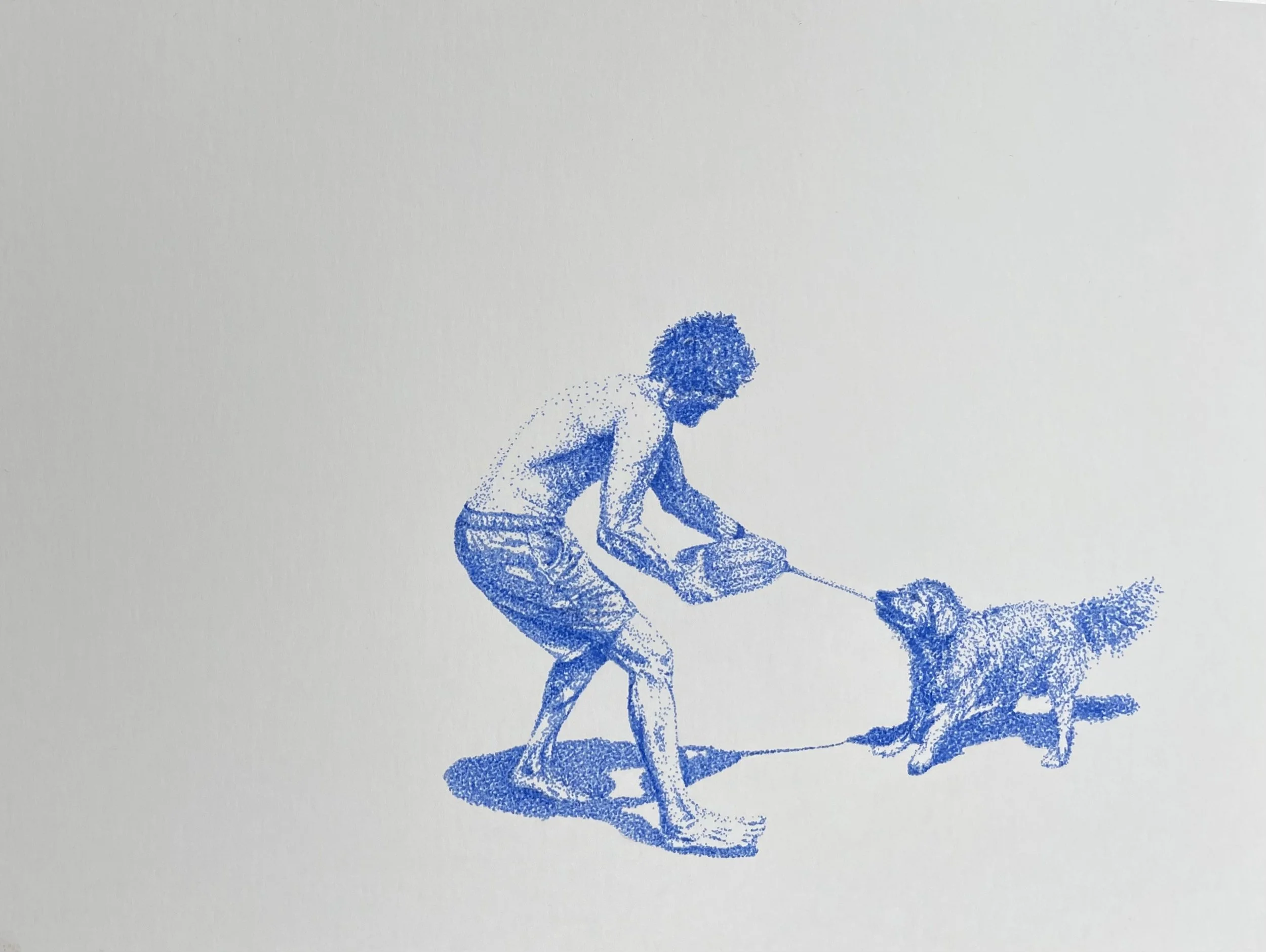 A sketch of a person with curly hair, in shorts, playing tug-of-war with a dog using a rope on a plain white background.