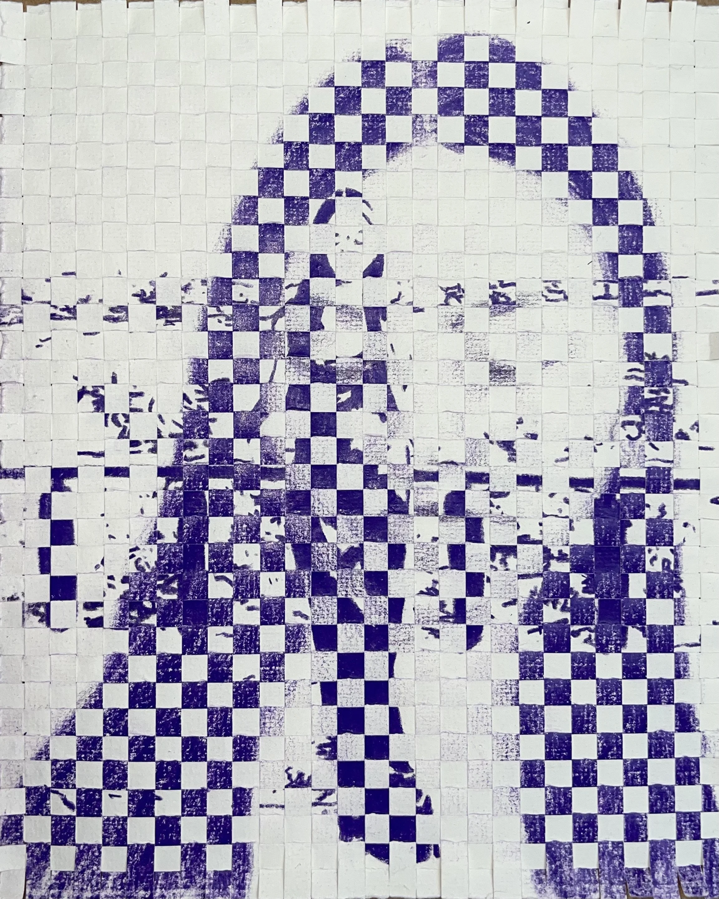 A mosaic artwork of a female figure with long hair, standing with her right hand raised, created with purple and white tiles.