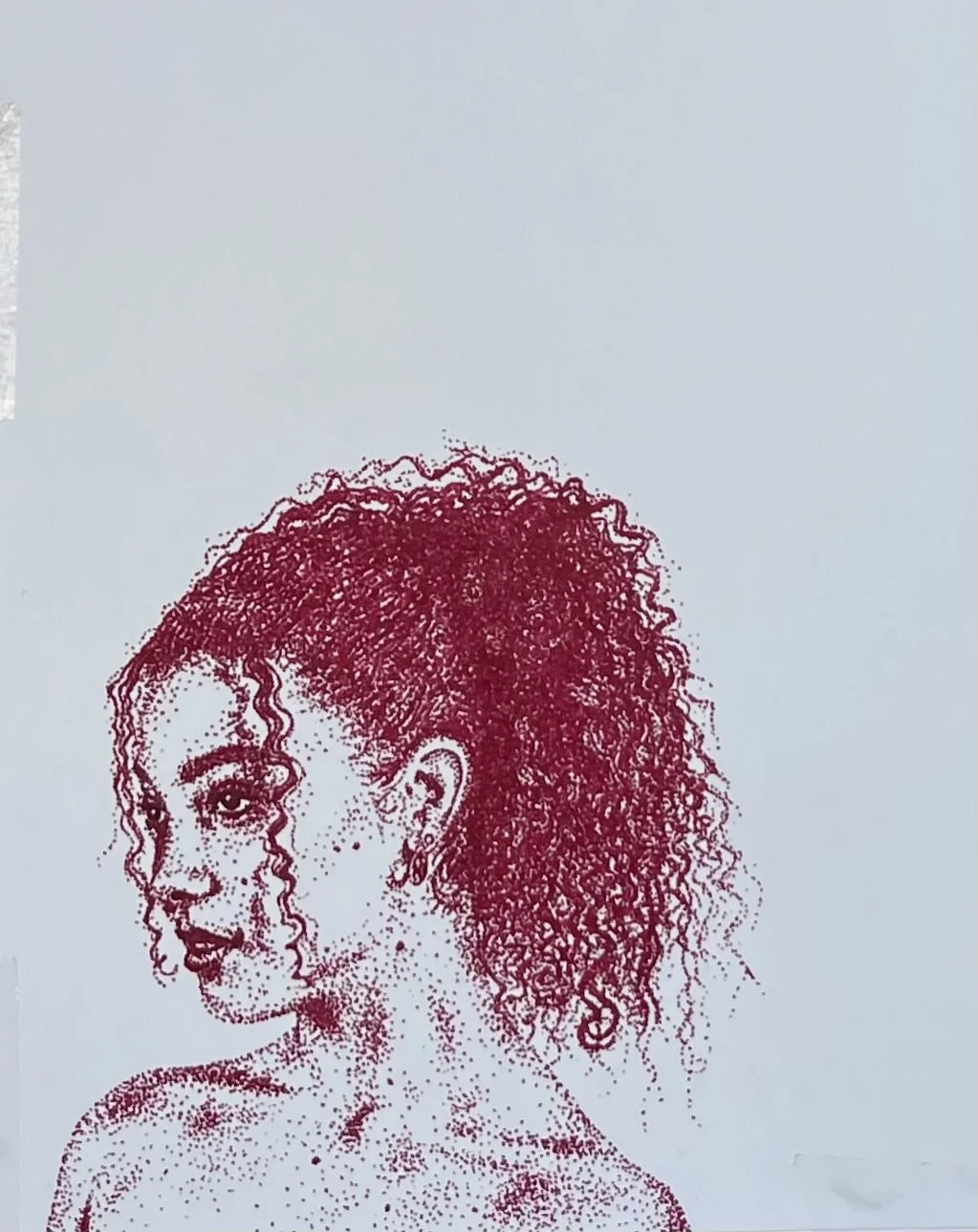 Artistic illustration of a woman with curly hair, shown from her shoulders up, with a white background.