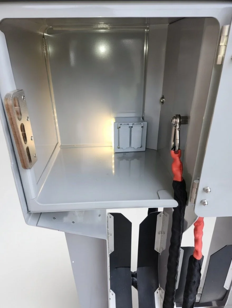 Empty metal enclosure with internal wiring, tools, and insulation, likely part of a scientific or industrial device.